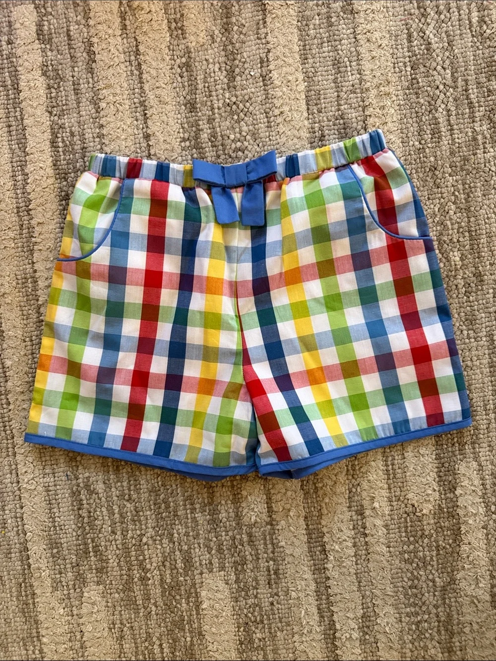 The Beaufort Bonnet Company Girls' Rainbow Gingham Shorts with Blue Trim